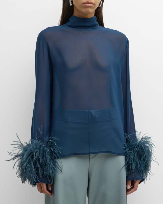 High-Neck Feather-Cuffs Lightweight Georgette Top